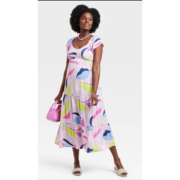 Isabel Maternity Multicolor Printed Tiered Midi Flutter Dress XS - Picture 1 of 7